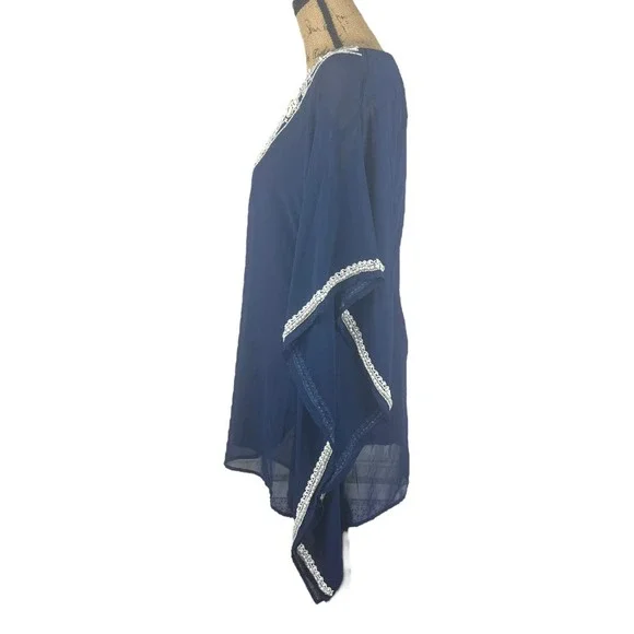 Boston Proper Navy Shell Embellished Kaftan Top XS - Picture 2 of 7